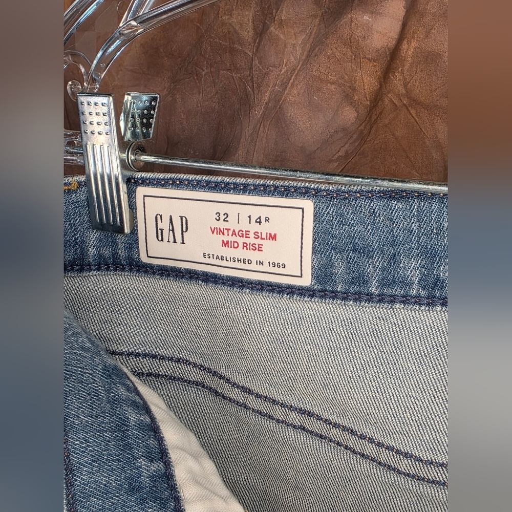 GAP Jeans Vintage Slim Mid Rise Washwell Stretch Light Indigo Blue 32/14R - Picture 4 of 9